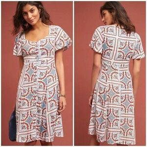 Maeve by Anthropologie Tile Print Dress Blue Red White Flutter Sleeve Size 2